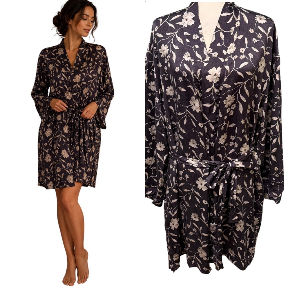 Vtg Womens L Robe 100% Silk Floral Wrap Long Sleeve Pockets Luxury Old Money